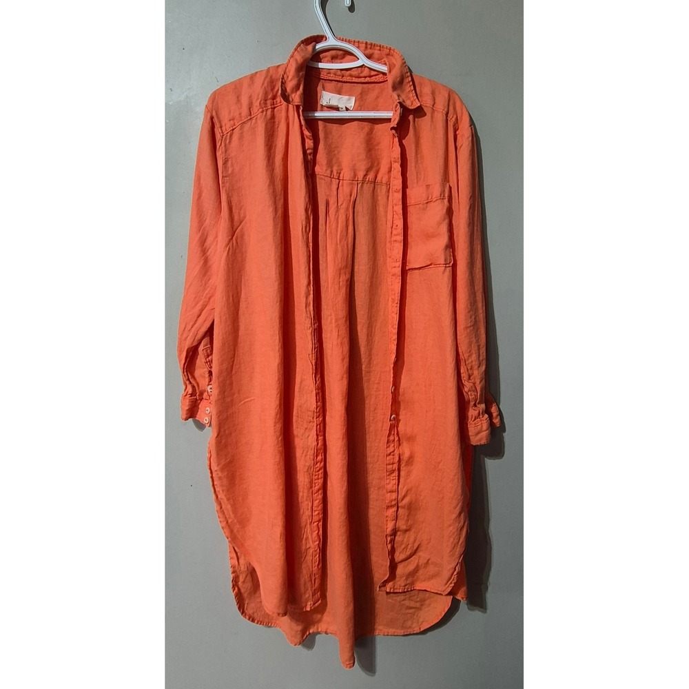 Anthropologie Coral 100% Linen Button Down Shirt Dress Longline XS OB1494345